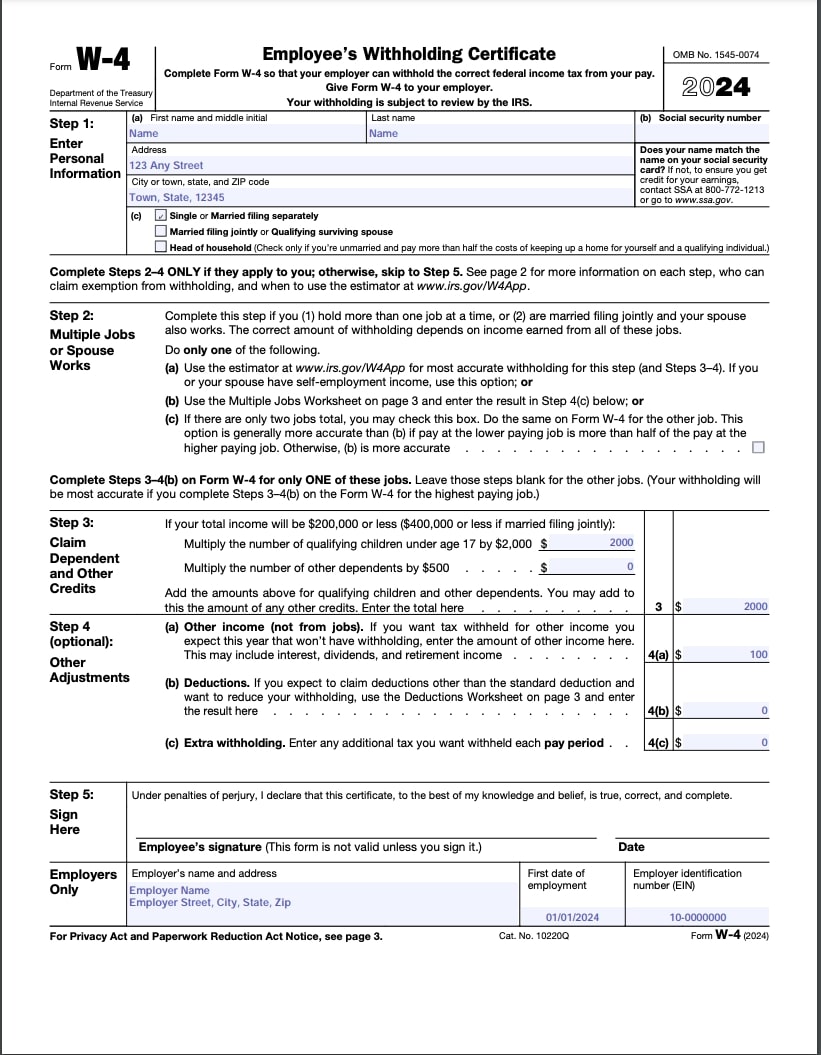 Example of completed IRS tax form W4